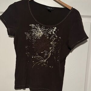 Style & co Dark Brown Floral Short Sleeve Top Y2K L